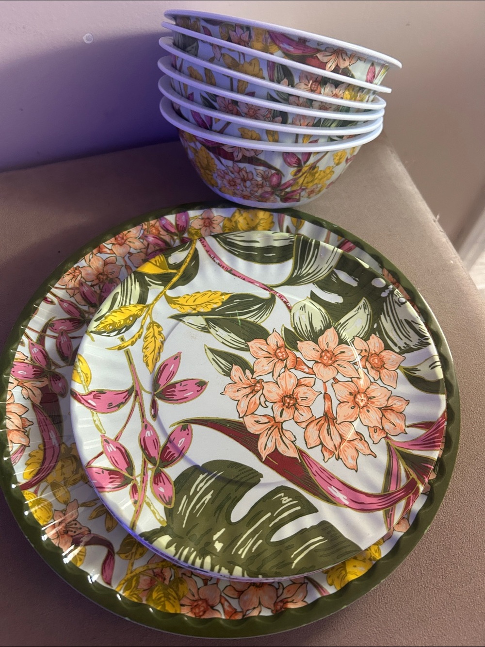 Floral Botanical Paper Plate & Bowl Set - Pink, Green, Yellow